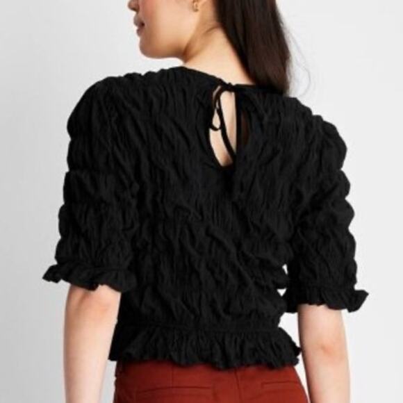 FUTURE COLLECTIVE x BLUTSTEIN | Elbow Sleeve Ruffle Textured Top Black | Large - Picture 2 of 6